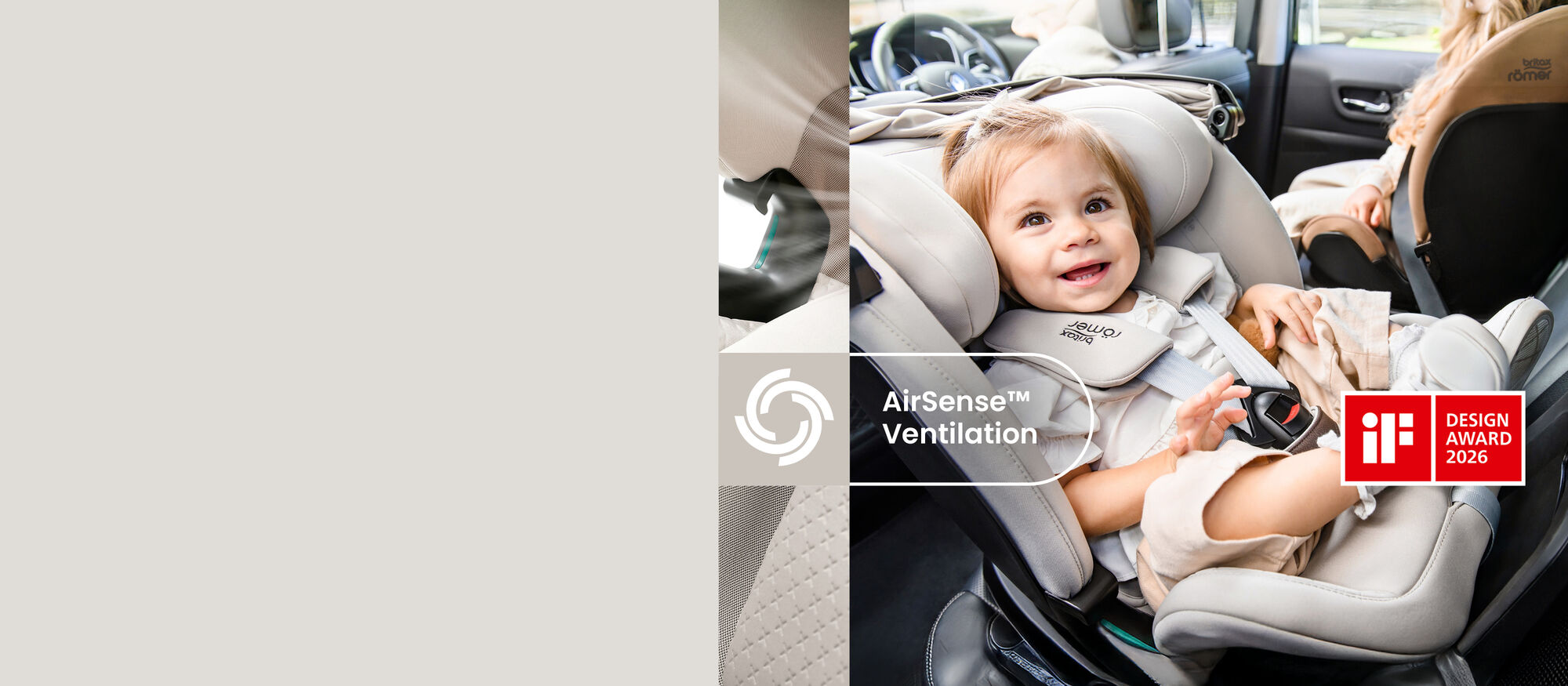 Toddler secured in Britax R&ouml;mer SWIVEL-GROW MAX AIR car seat in a vehicle, with AirSense&trade; ventilation details and iF Design Award 2026 badge.