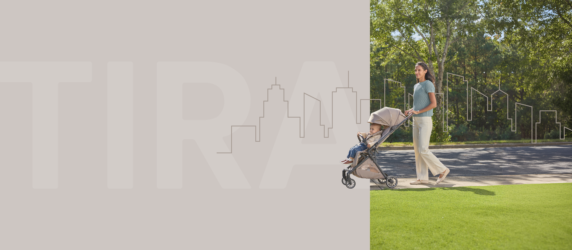 Mother pushing the Britax R&ouml;mer TIRA stroller outdoors, with a toddler seated in the compact stroller on a paved path surrounded by greenery.
